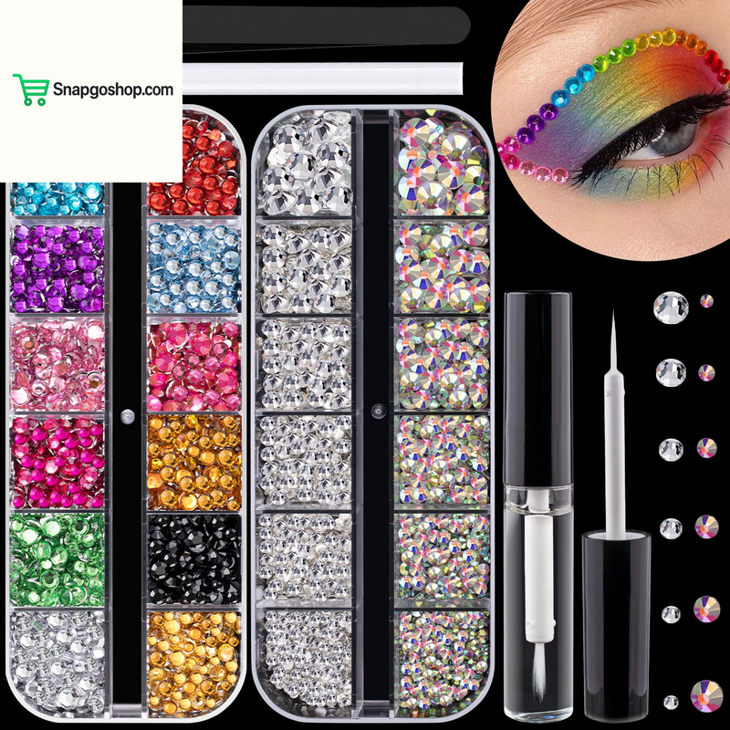Flat Back Rhinestone Kits Colorful Rhinestones+Crystal Ab&Transparent White Face Gems Nail Gem with Quick Dry Makeup Glue+Picker Pencil+Tweezer for Bedazzling Face Makeup and Nail Art