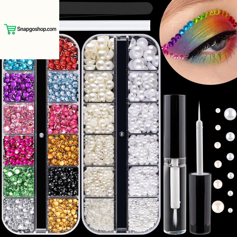 Flat Back Rhinestone Kits Colorful Rhinestones+Crystal Ab&Transparent White Face Gems Nail Gem with Quick Dry Makeup Glue+Picker Pencil+Tweezer for Bedazzling Face Makeup and Nail Art