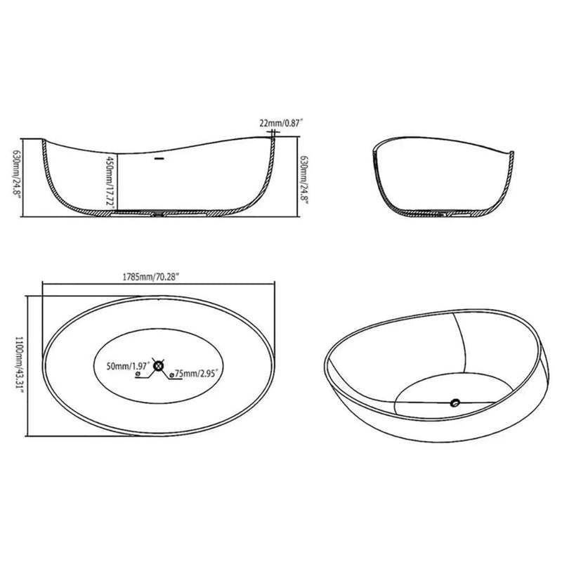 Alora Premium Freestanding Extra Large Oval Stone Besin Soaking Bathtub, 71" (SAK80751)