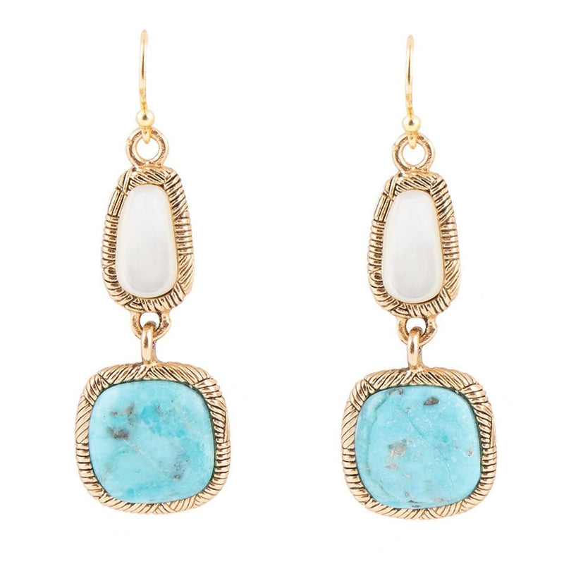 White Mother of Pearl and Blue turquoise Golden Bronze Drop Earrings