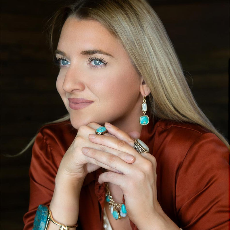 White Mother of Pearl and Blue turquoise Golden Bronze Drop Earrings