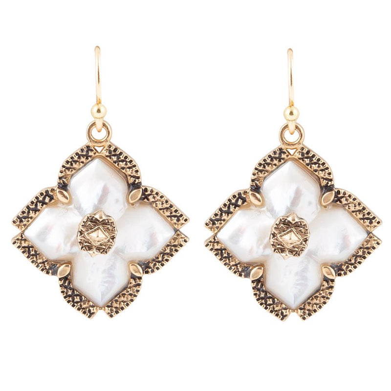 White Mother of Pearl Maltese Cross Golden Drop Earrings