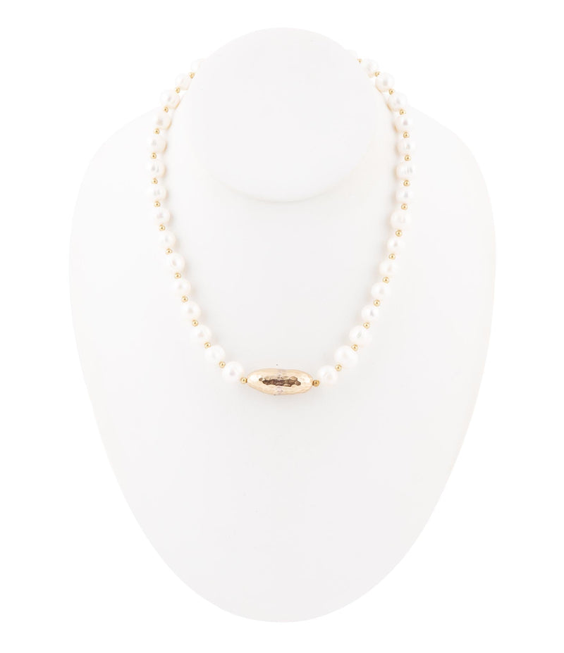 White Pearl Golden Beaded Strand Necklace