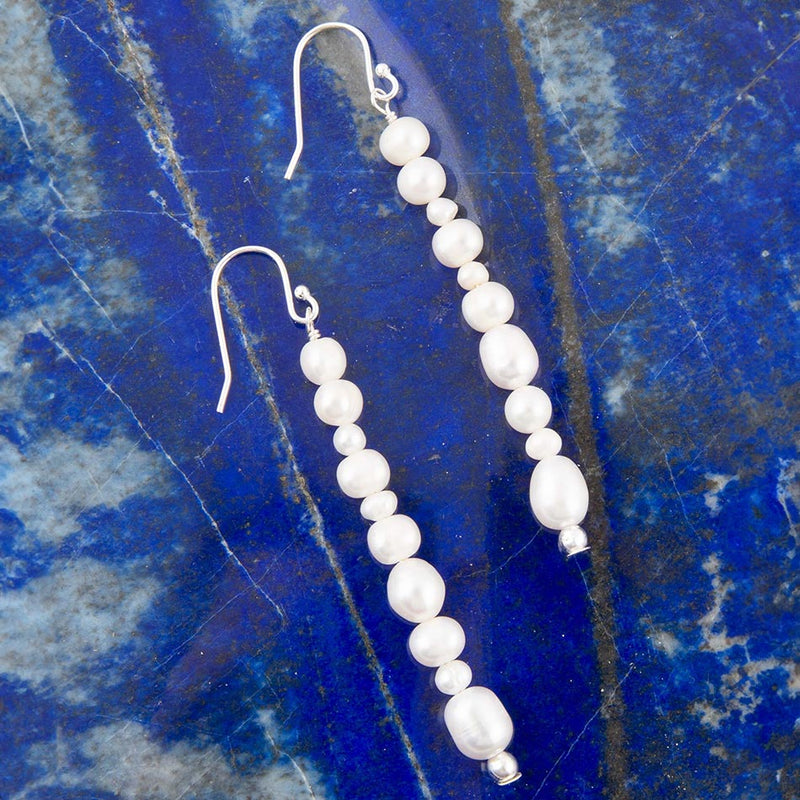 White Pearl Linear Sterling Silver Drop Earrings