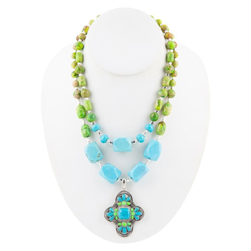 Zion Lime Green and Blue Turquoise and Sterling Silver Statement Necklace