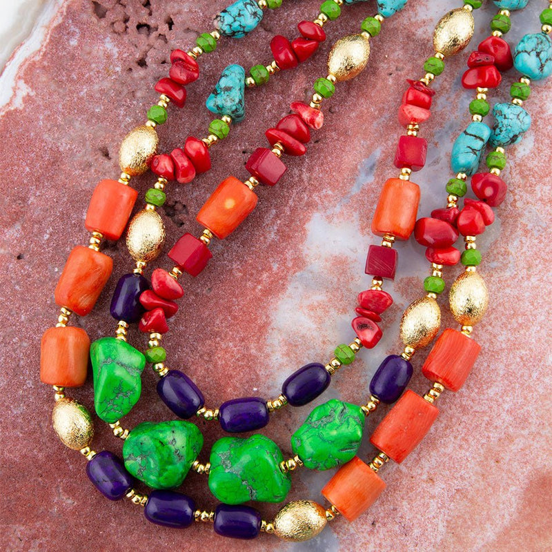 Zion Multi-Color Triple Strand Golden Statement Necklace
