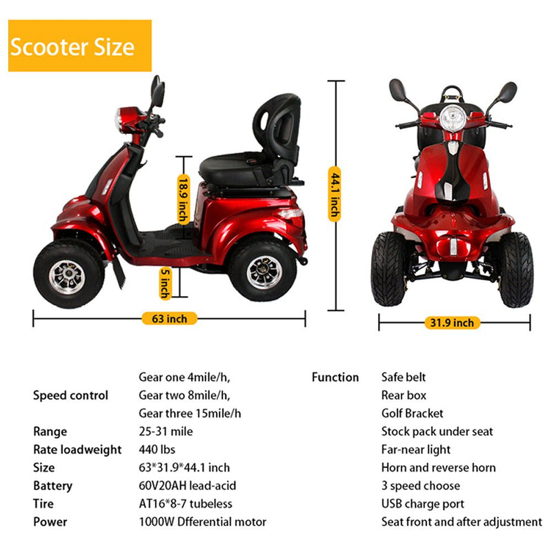Zvg 4-Wheel 60V/20AH Electric Golf Senior Travel Mobility Scooter For Adults, 440LBS (SAK91582)